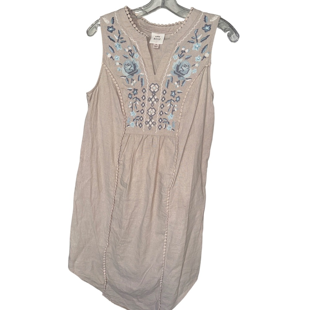 Knox Rose Women's Beige Embroidered Sleeveless Linen Knee Length‎ Boho Dress  M